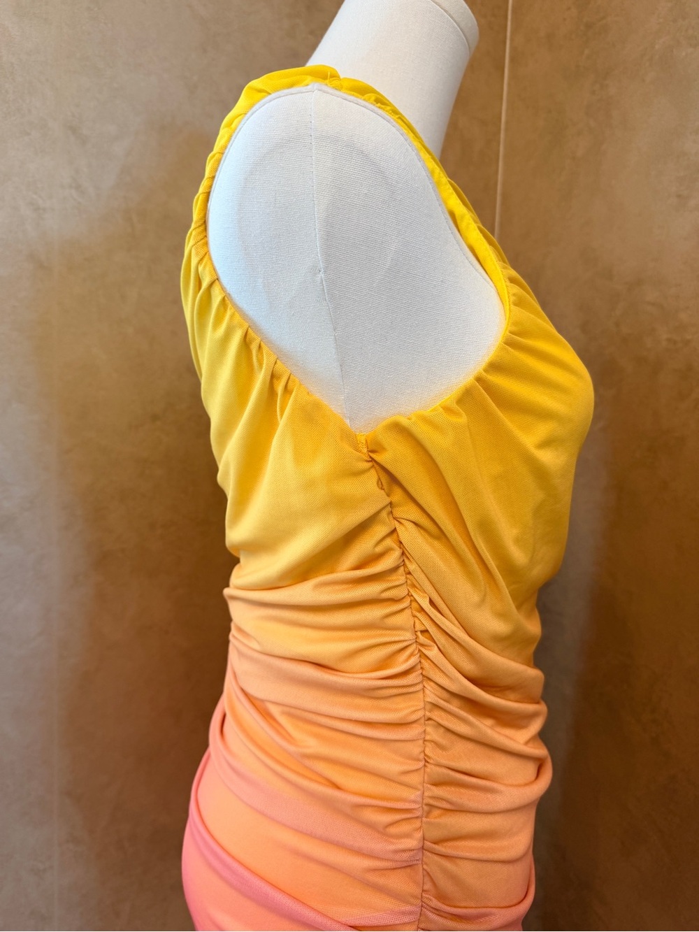 SHEIN Yellow to Pink Ombre One-Shoulder Ruched Mini Dress - Picture 5 of 7